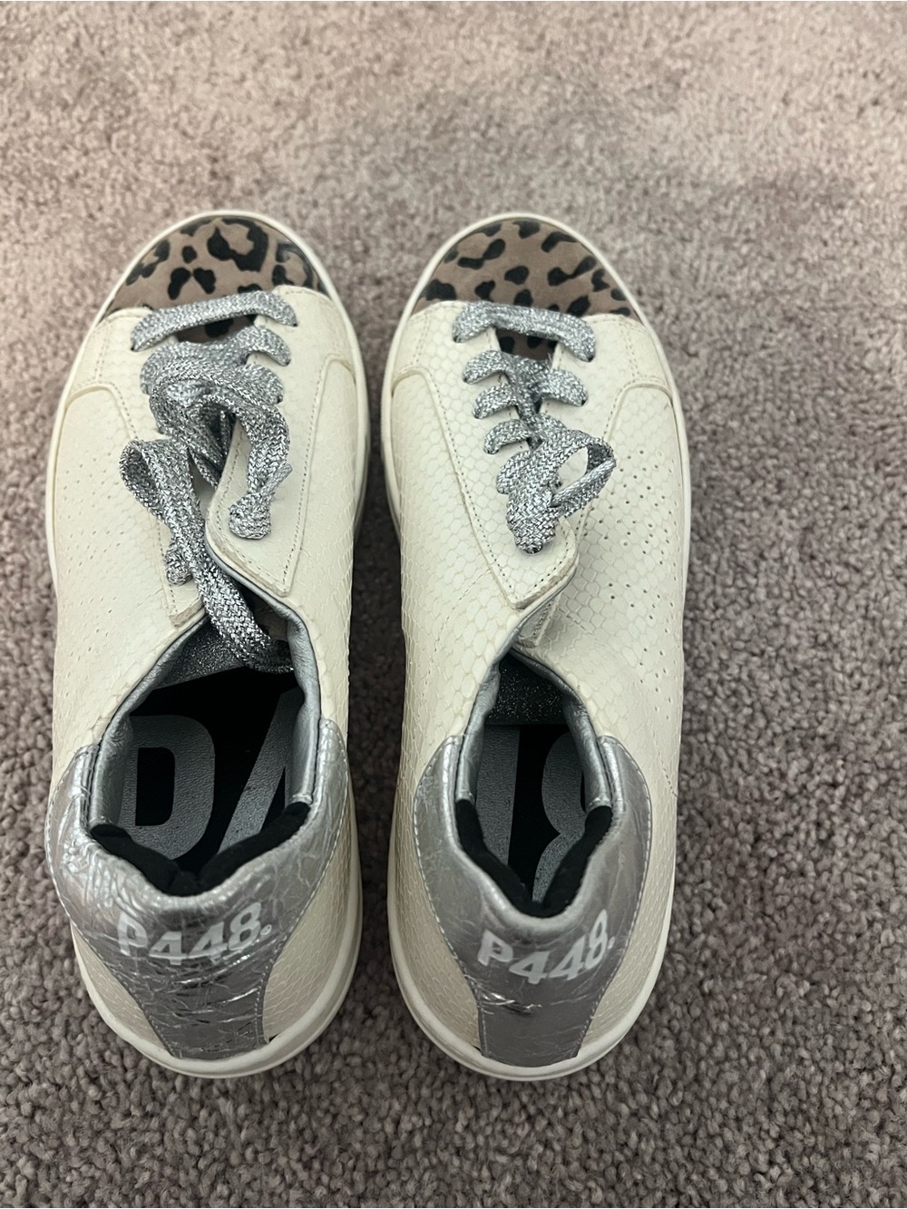 P448 Women Ivory Sneakers with Silver Accents and Leopard Insole